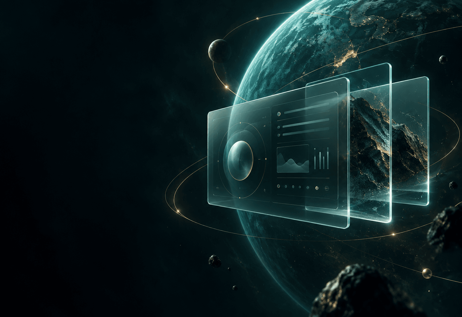 Futuristic digital product interface orbiting a teal planet